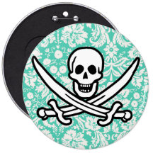 Seafoam Green Damask Jolly Roger Buttons