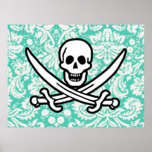 Seafoam Green Damask Jolly Roger Poster