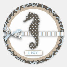 Seahorse Baby Boy Square Round Stickers