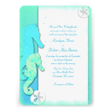 Seahorse Couple, 5x7 Aqua Wedding Invitations