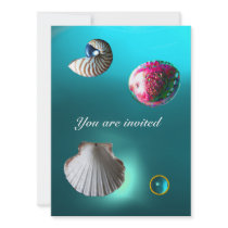 SEASHELLS DAMASK GEM BEACH WEDDING blue aquamarine Personalized Announcements