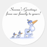Seasons Greetings From Our Family To Yours Snowman Round Sticker
