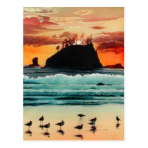 "Seastacks" Ocean Sunset Watercolor Post Card