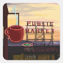 SeattlePike Place Market Sign and Water View Square Sticker