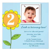 Second 2nd Birthday Party Photo Flower - blue Custom Invitations