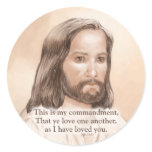 Sepia Jesus Art Bible Quote - John 15:12 Round Stickers