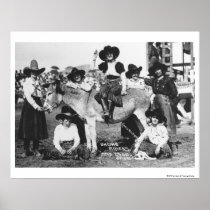 Seven rodeo cowgirls jokingly posing with a donkey print