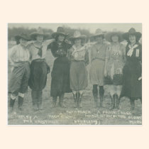 Seven rodeo cowgirls posing for a photograph. postcards