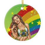 Sexy Brazilian Girl wearing  Brazil Flag + Rainbow ornaments