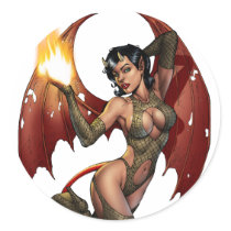 Sexy Devil Girl Pinup with Fire by Al Rio Round Stickers