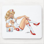 Sexy Nurse Pin-up pulling at Stockings by Al Rio mousepads