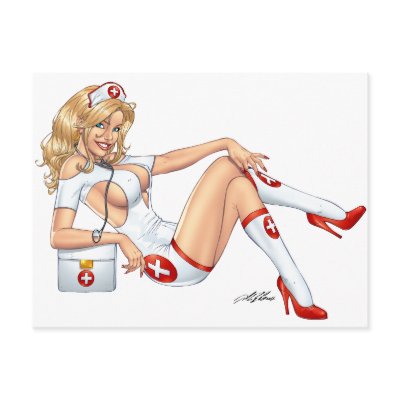 Sexy Nurse Pin-up pulling at Stockings by Al Rio Postcards by AlRioArt