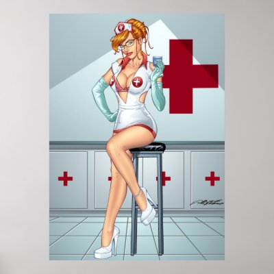 Sexy Nurse Pinup At Redhead by Al Rio Poster by AlRioArt