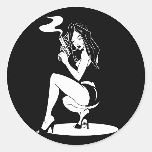 Sexy Pin-Up Girl with Gun Round Stickers
