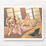 Sexy Ponytail Blonde on Bed with Computer by Al Ri mousepads