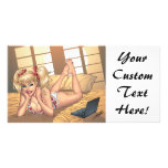 Sexy Ponytail Blonde on Bed with Computer by Al Ri photo cards