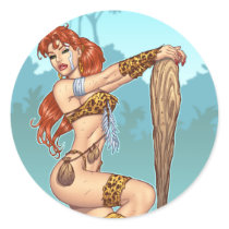 Sexy Redhead Cavewoman Customizable Pinup - Al Rio Round Sticker