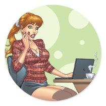 Sexy Redhead on Internet Computer by Al Rio Round Stickers