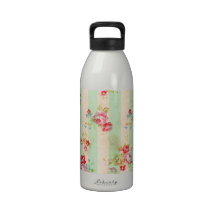 Shabby Chic Girly Red Green Roses Stripes Pattern Water Bottles