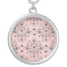shabby chic grey heart swirl damask on grunge pink pendant