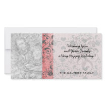 shabby chic grey heart swirl damask on grunge pink photo card template