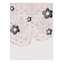 shabby chic grey heart swirl damask on grunge pink post cards
