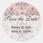 shabby chic grey heart swirl damask on grunge pink round sticker
