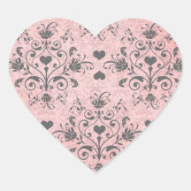 shabby chic grey heart swirl damask on grunge pink heart sticker
