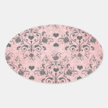 shabby chic grey heart swirl damask on grunge pink oval stickers