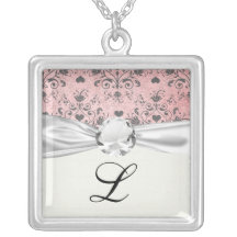 shabby grey heart swirl damask on grunge pink necklaces