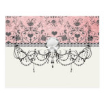 shabby  grey heart swirl damask on grunge pink postcards