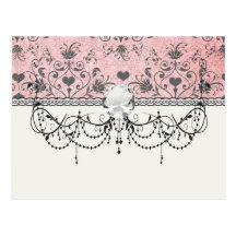 shabby  grey heart swirl damask on grunge pink postcards
