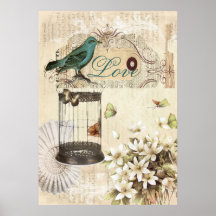 shabbychic Bird  cage collage Vintage Paris Print
