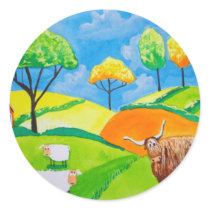 SHEEP COW FOLK PAINTING ROUND STICKER