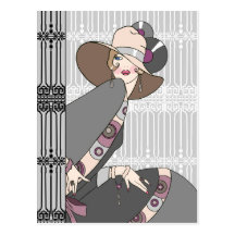 Shelby, 1930s Lady in Grey and Rose Postcard