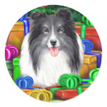 Sheltie Christmas Open Gifts Bi Black Round Stickers