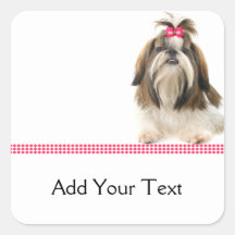 Shih Tsu with Pink Bow on Pink Diamond border Square Stickers