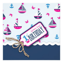 Ships Ahoy! Girl Birthday Invite Square 1
