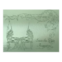 Shy Unicorn Green Metallic Save the Date Post Card