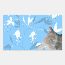 siamese cat on blue floral pattern rectangular sticker