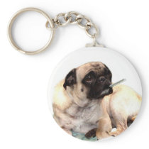 Sick pug with thermometer keychain