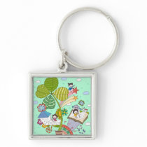 Side view of children studying by potted plant keychain