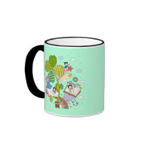 Side view of children studying by potted plant coffee mugs