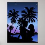Silhouette of a couple embracing on the beach poster