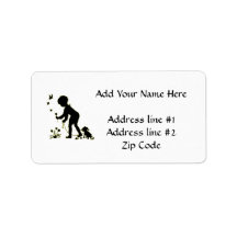 Silhouette of child picking flowers with dog personalized address label