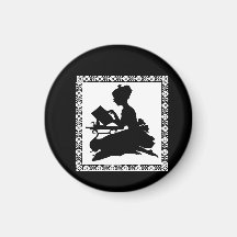 Silhouette of girl reading fridge magnet