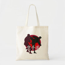 Silhouette of Karate fight, red circle background. Bags