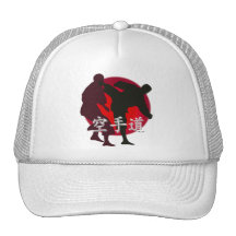 Silhouette of Karate fight, red circle background. Mesh Hats