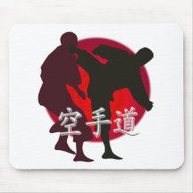 Silhouette of Karate fight, red circle background. Mouse Pads