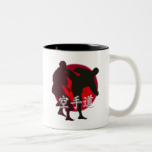Silhouette of Karate fight, red circle background. Coffee Mugs